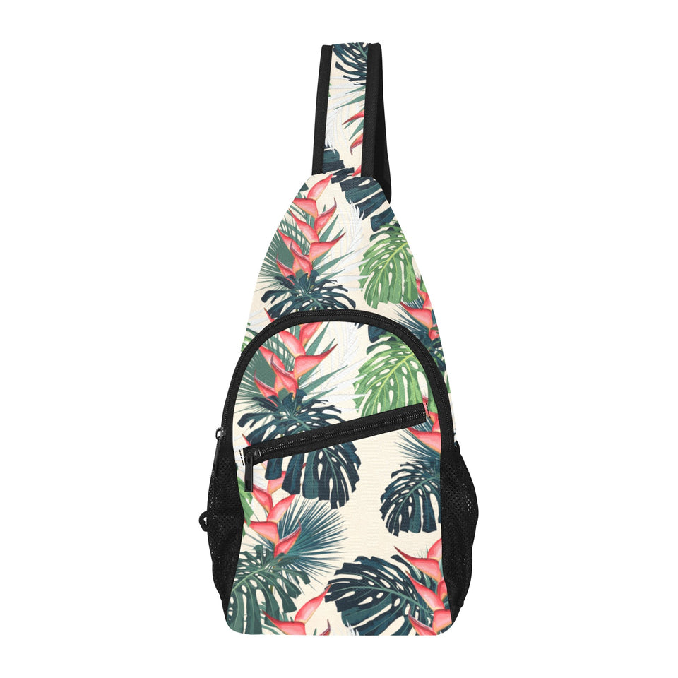 heliconia flowers, palm and monstera leaves All Over Print Chest Bag