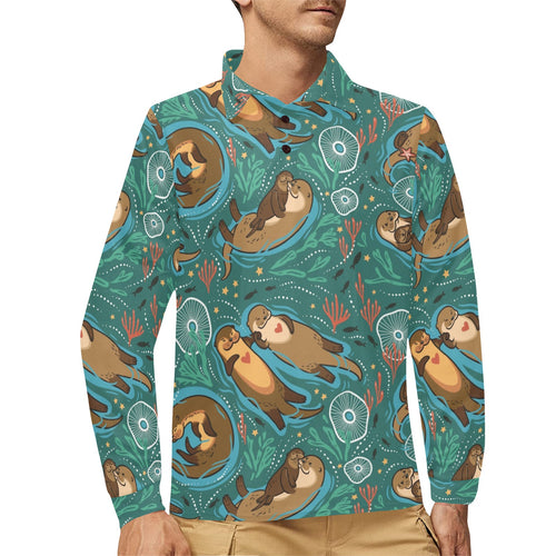 cute brown sea otters ornamental seaweed corals gr Men's Long Sleeve Polo Shirt