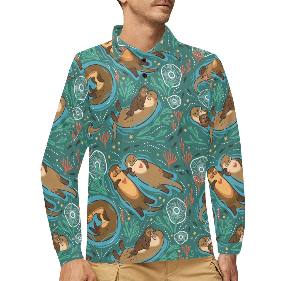 cute brown sea otters ornamental seaweed corals gr Men's Long Sleeve Polo Shirt