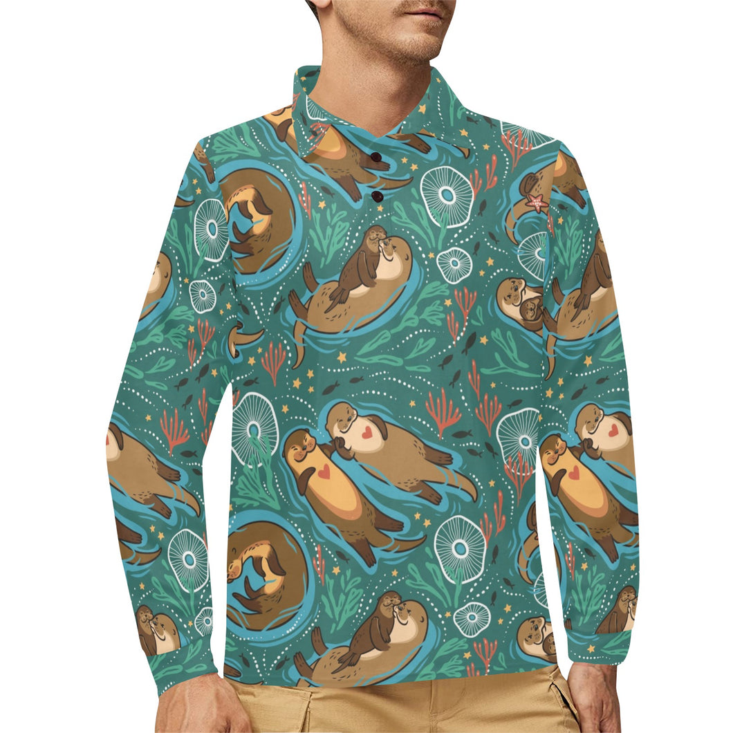 cute brown sea otters ornamental seaweed corals gr Men's Long Sleeve Polo Shirt