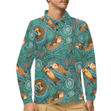 cute brown sea otters ornamental seaweed corals gr Men's Long Sleeve Polo Shirt