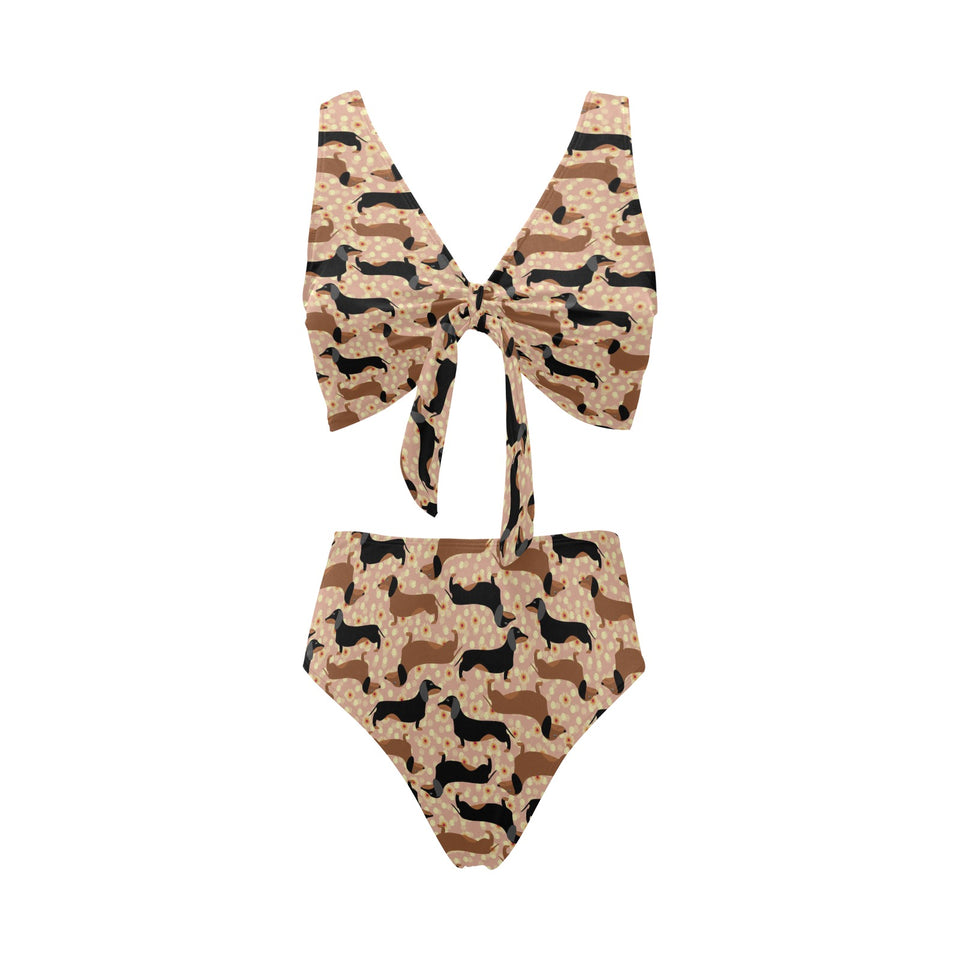Dachshund floral background Chest Bowknot High Waisted Bikini Swimsuit