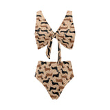 Dachshund floral background Chest Bowknot High Waisted Bikini Swimsuit
