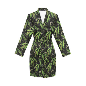 Green Peas Pattern Print Design 02 Women's Long Sleeve Belted Night Robe