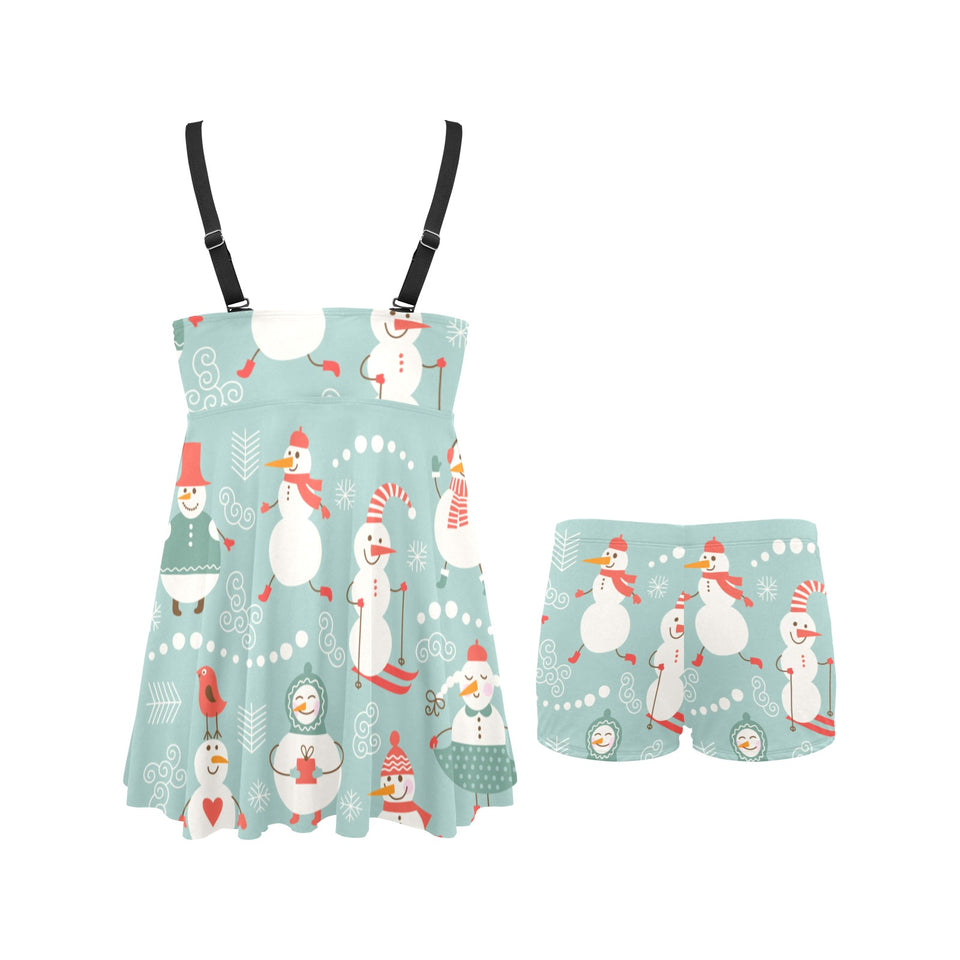 Cute snowman pattern Chest Sexy Pleated Two Piece Swim Dress