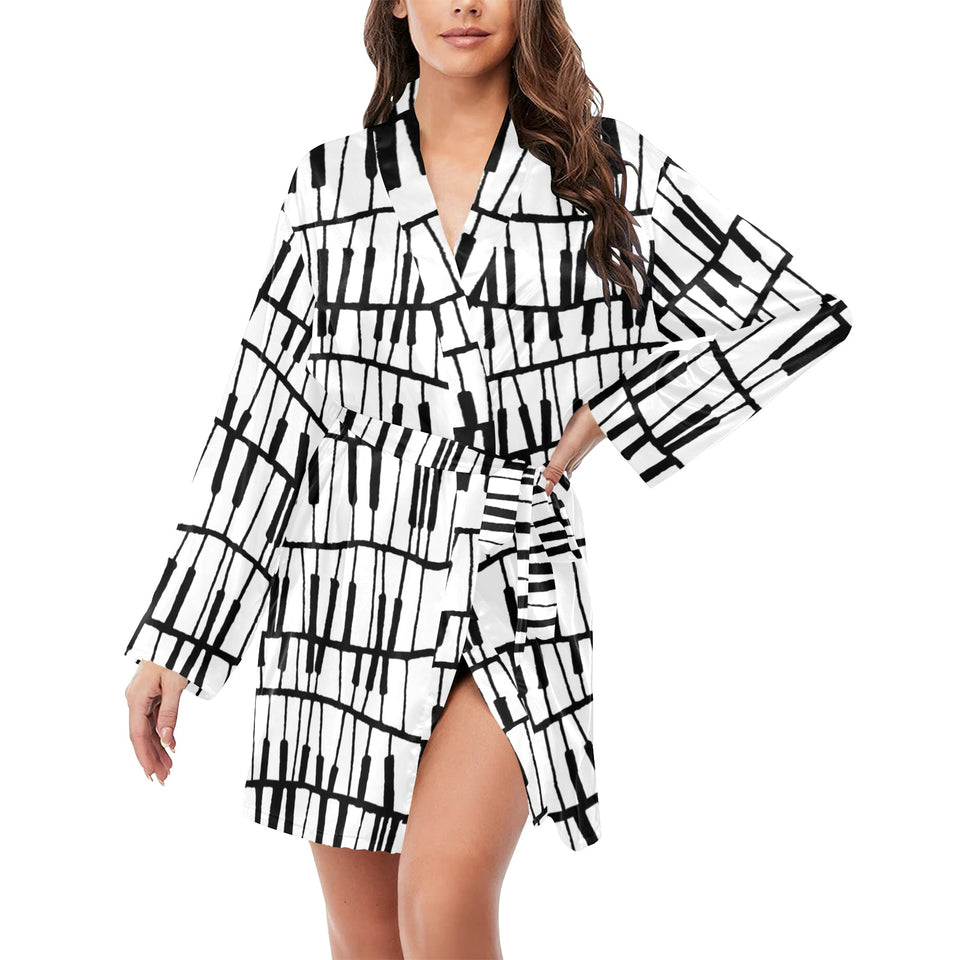 Piano Pattern Print Design 03 Women's Long Sleeve Belted Night Robe