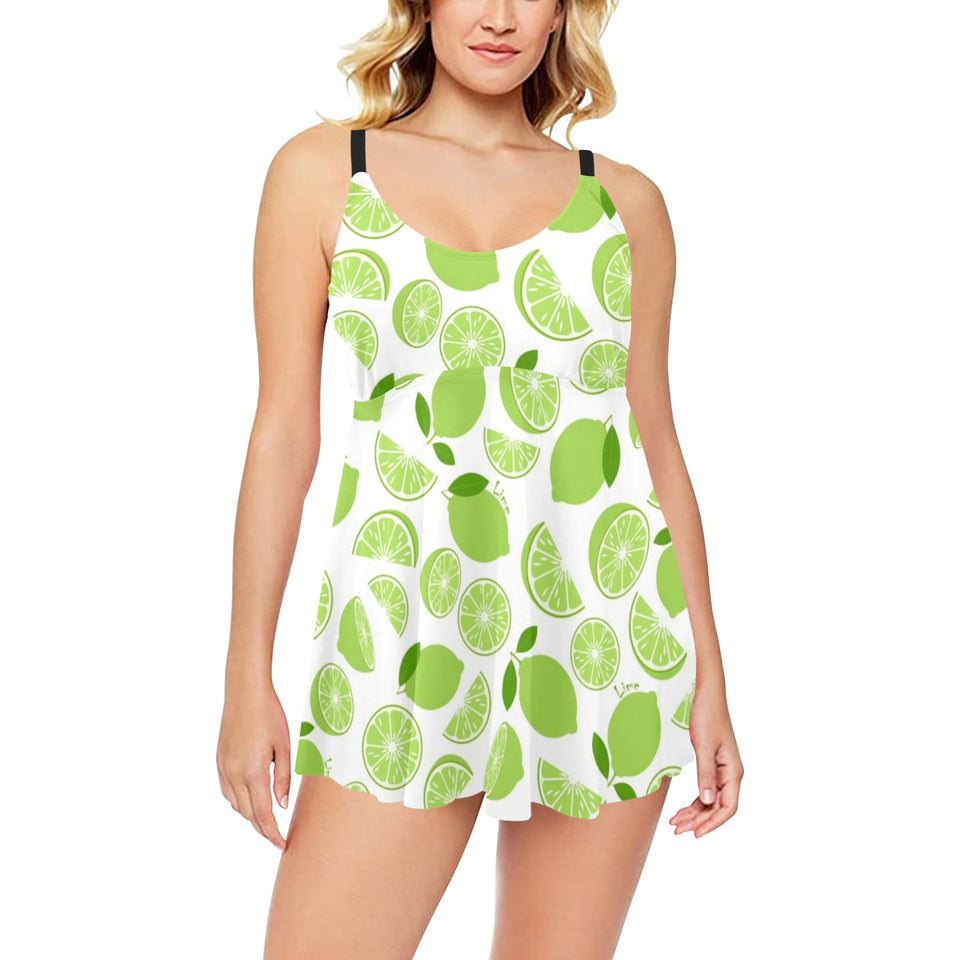 Lime design pattern Chest Sexy Pleated Two Piece Swim Dress