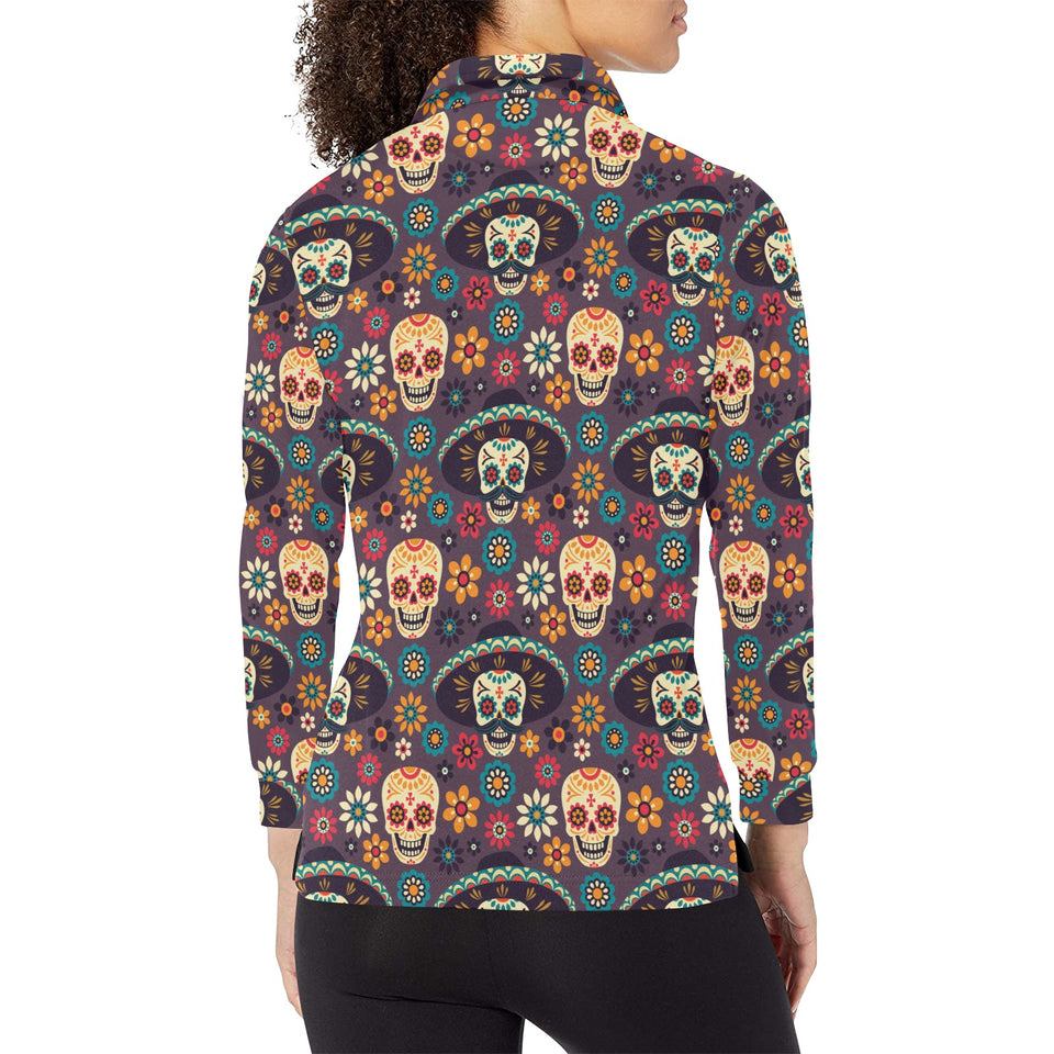 Sugar skulls flower maxican pattern Women's Long Sleeve Polo Shirt