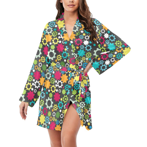 Gear Pattern Print Design 03 Women's Long Sleeve Belted Night Robe