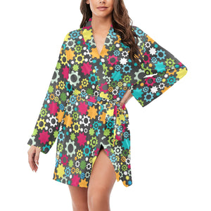 Gear Pattern Print Design 03 Women's Long Sleeve Belted Night Robe