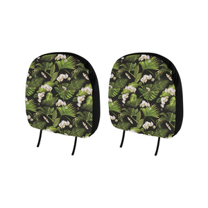 White orchid flower tropical leaves pattern blackg Car Headrest Cover