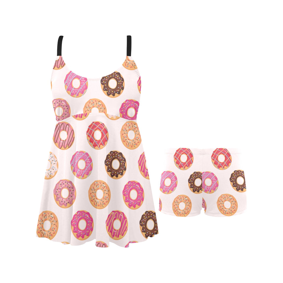 Colorful donut pattern Chest Sexy Pleated Two Piece Swim Dress