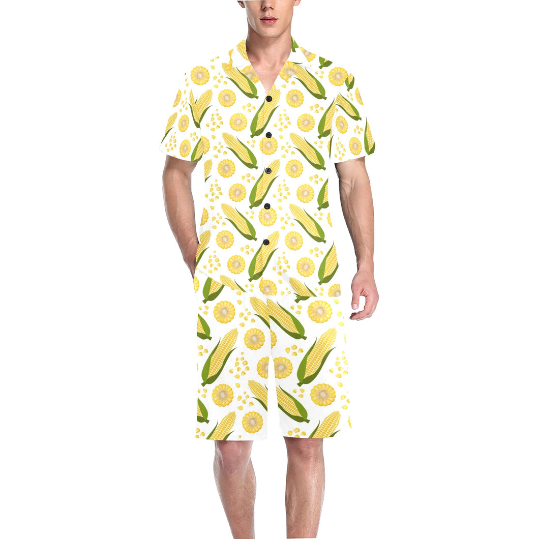 Corn Pattern Print Design 05 Men's V-Neck Short Pajama Set