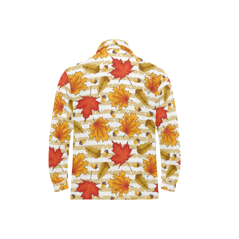 Maple leaf oak leaf acorns beige striped backgroun Men's Long Sleeve Polo Shirt