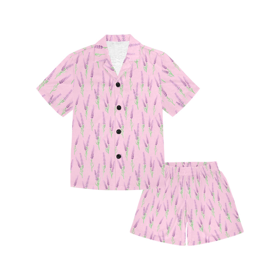 Lavender pattern pink background Kids' Boys' Girls' V-Neck Short Pajama Set