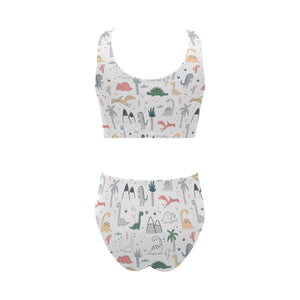 Cute cartoon dinosaurs tree pattern Chest Bowknot High Waisted Bikini Swimsuit