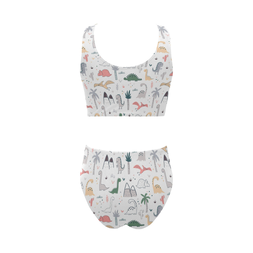Cute cartoon dinosaurs tree pattern Chest Bowknot High Waisted Bikini Swimsuit