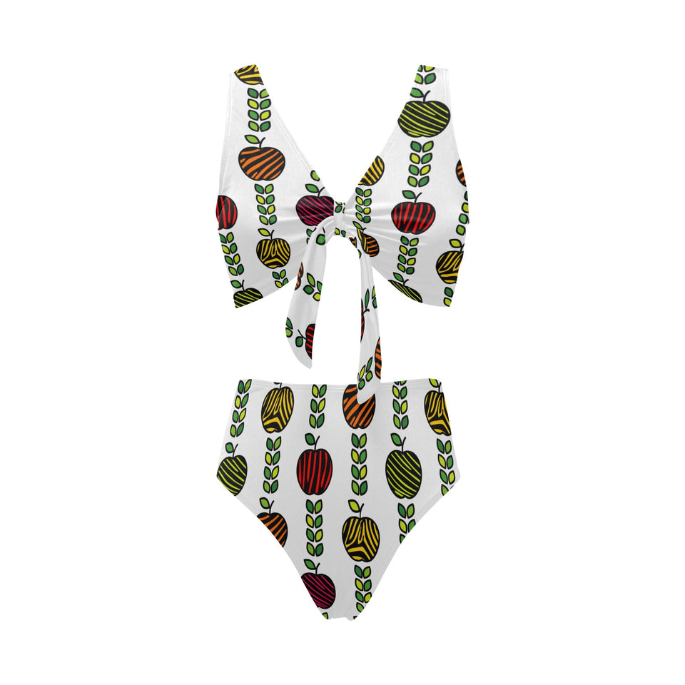 colorful apples leave zebra stripe Chest Bowknot High Waisted Bikini Swimsuit