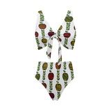 colorful apples leave zebra stripe Chest Bowknot High Waisted Bikini Swimsuit