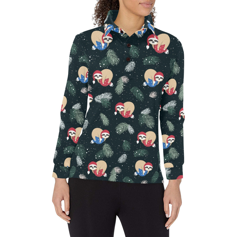 Cute sloths sleeping christmas ball santa hat patt Women's Long Sleeve Polo Shirt