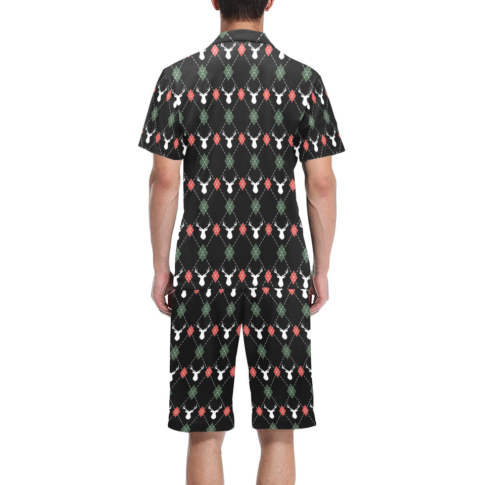 Deer Christmas new year pattern argyle Men's V-Neck Short Pajama Set
