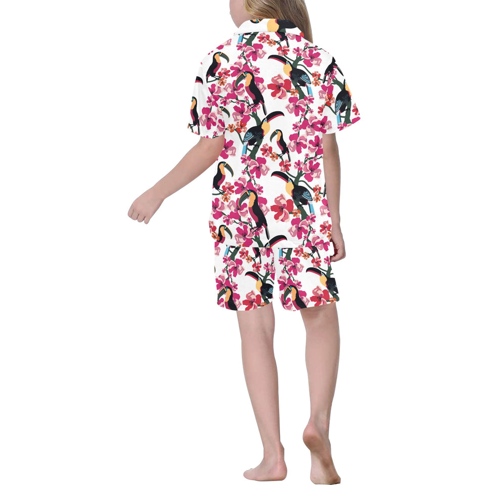 Toucan flower design pattern Kids' Boys' Girls' V-Neck Short Pajama Set