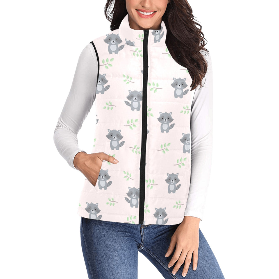 cute raccoons leaves pattern Women's Padded Vest