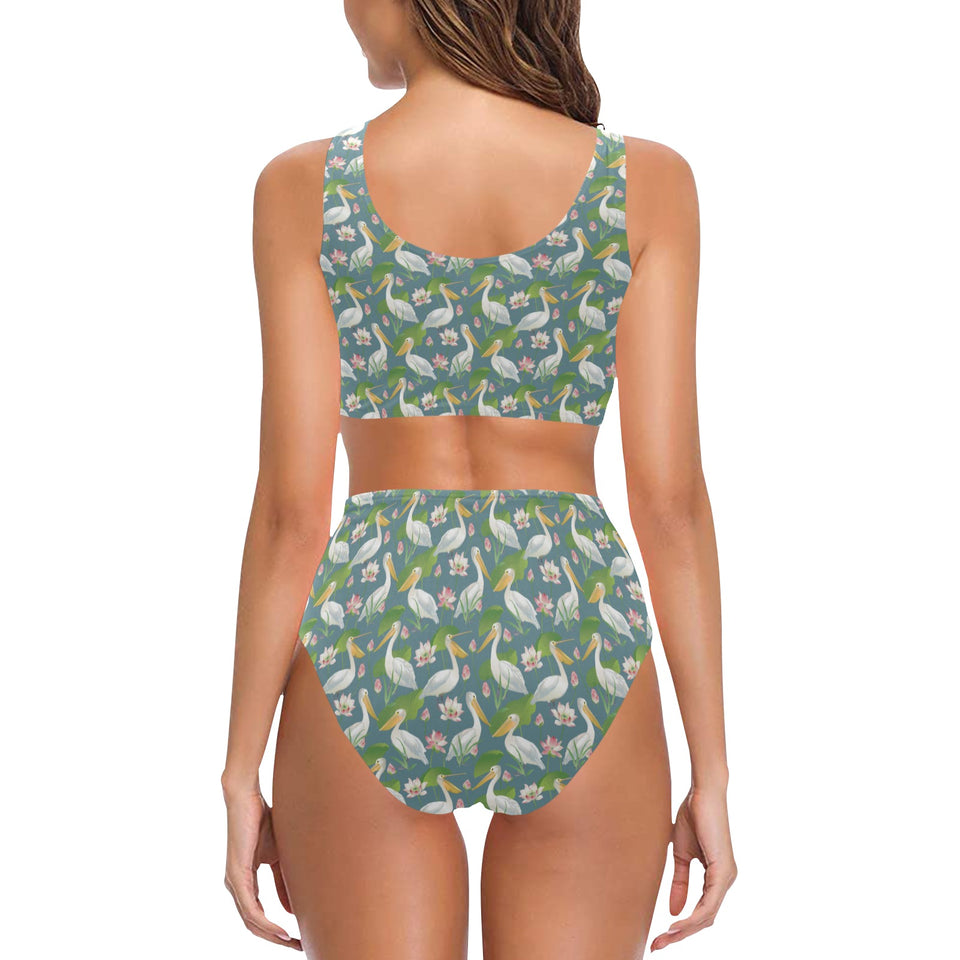 Pelican Pattern Print Design 04 Chest Bowknot High Waisted Bikini Swimsuit