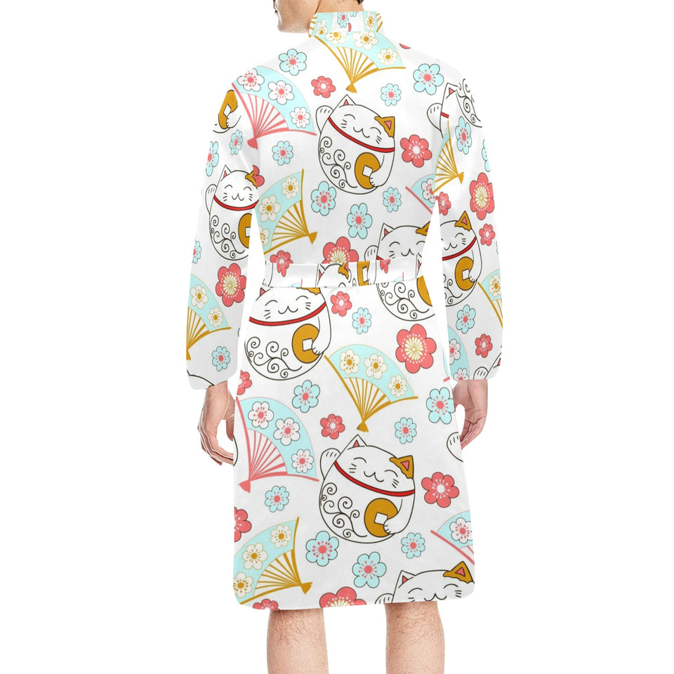 Maneki neko cat fan sakura Men's Long Sleeve Belted Night Robe