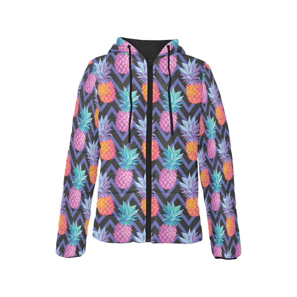 Pineapples pattern zigzag background Women's Padded Hooded Jacket