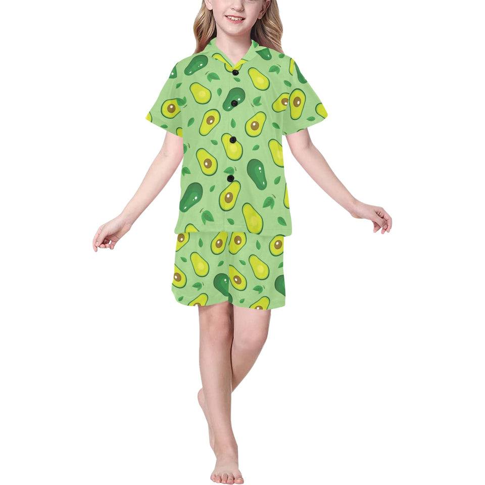 Avocado pattern green background Kids' Boys' Girls' V-Neck Short Pajama Set