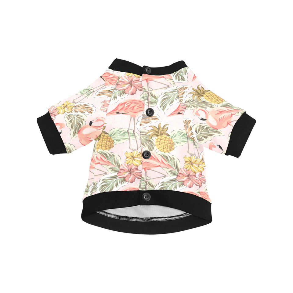 Pink flamingo birds pineapples hibiscus flower pat All Over Print Pet Dog Round Neck Fuzzy Shirt