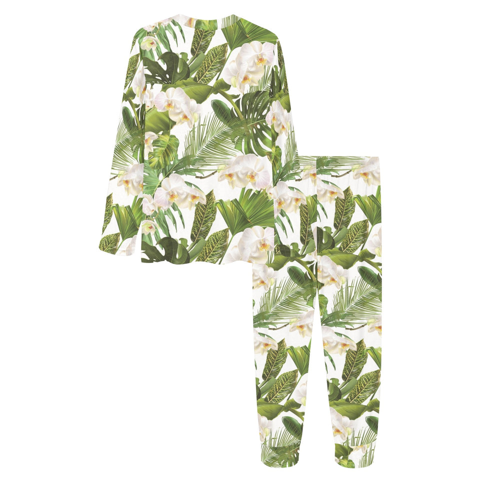 White orchid flower tropical leaves pattern Women's All Over Print Pajama Set