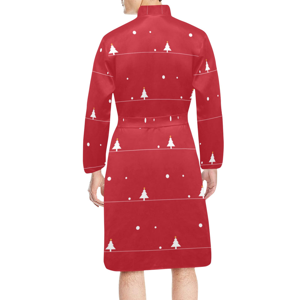 Christmas tree star snow red background Men's Long Sleeve Belted Night Robe