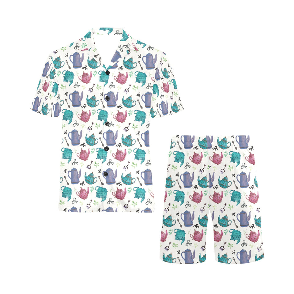 Tea pots Pattern Print Design 05 Men's V-Neck Short Pajama Set