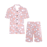 coral white heart pattern Men's V-Neck Short Pajama Set