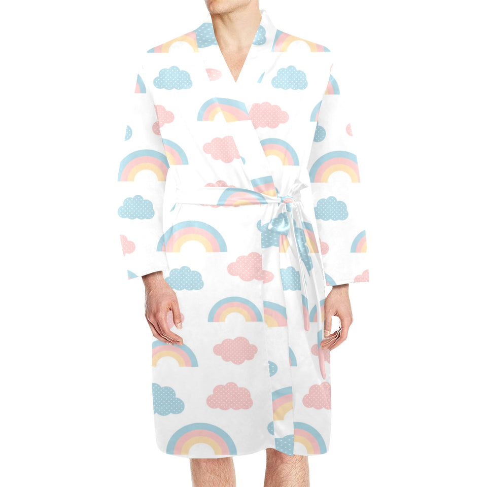 Cute rainbow clound pattern Men's Long Sleeve Belted Night Robe