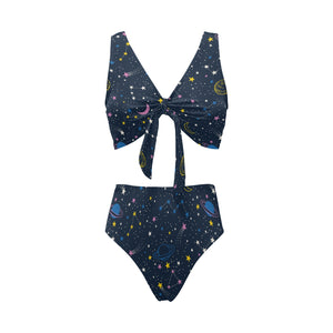 space pattern with planets, comets, constellations Chest Bowknot High Waisted Bikini Swimsuit