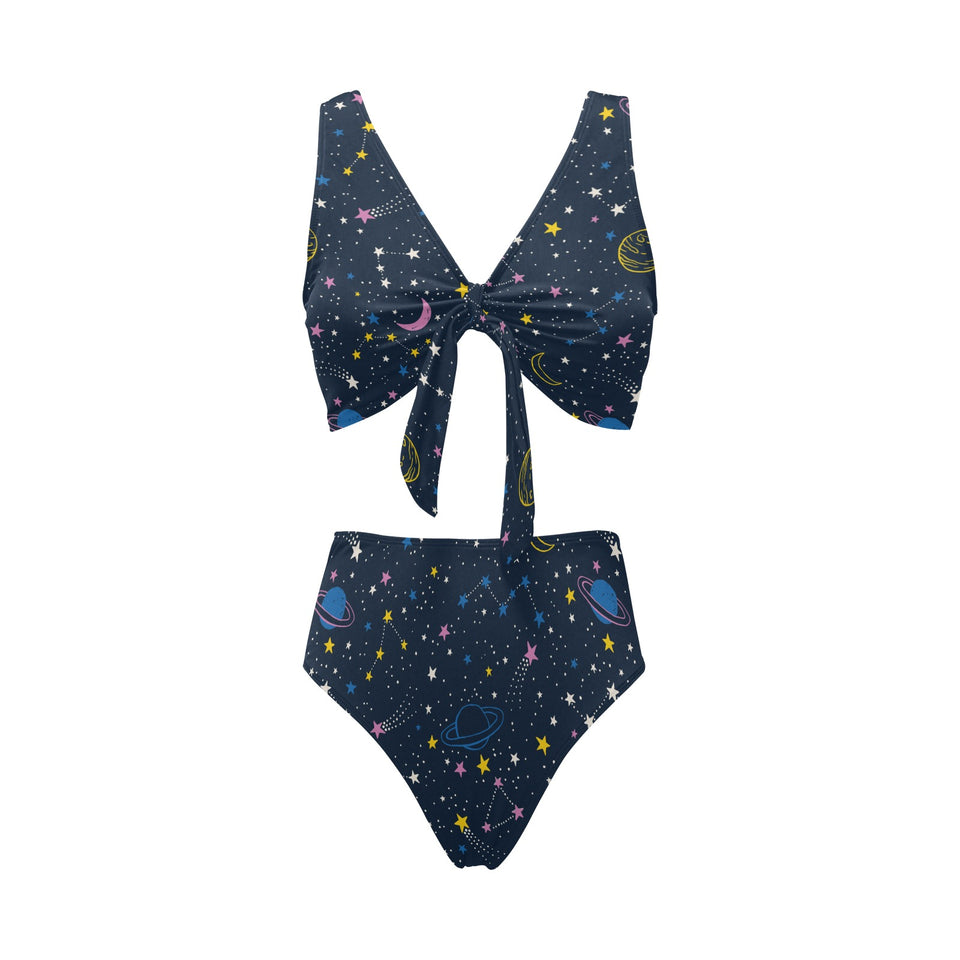 space pattern with planets, comets, constellations Chest Bowknot High Waisted Bikini Swimsuit