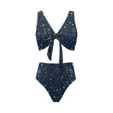 space pattern with planets, comets, constellations Chest Bowknot High Waisted Bikini Swimsuit