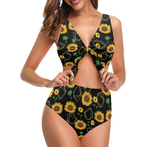 sunflower golden polygonal shapes Chest Bowknot High Waisted Bikini Swimsuit
