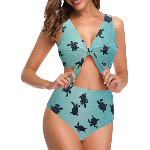 Sea turtle with blue ocean backgroud Chest Bowknot High Waisted Bikini Swimsuit