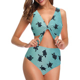 Sea turtle with blue ocean backgroud Chest Bowknot High Waisted Bikini Swimsuit