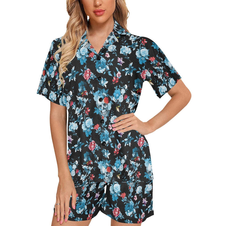 Skull flower roses leave pattern Women's V-Neck Short Pajama Set