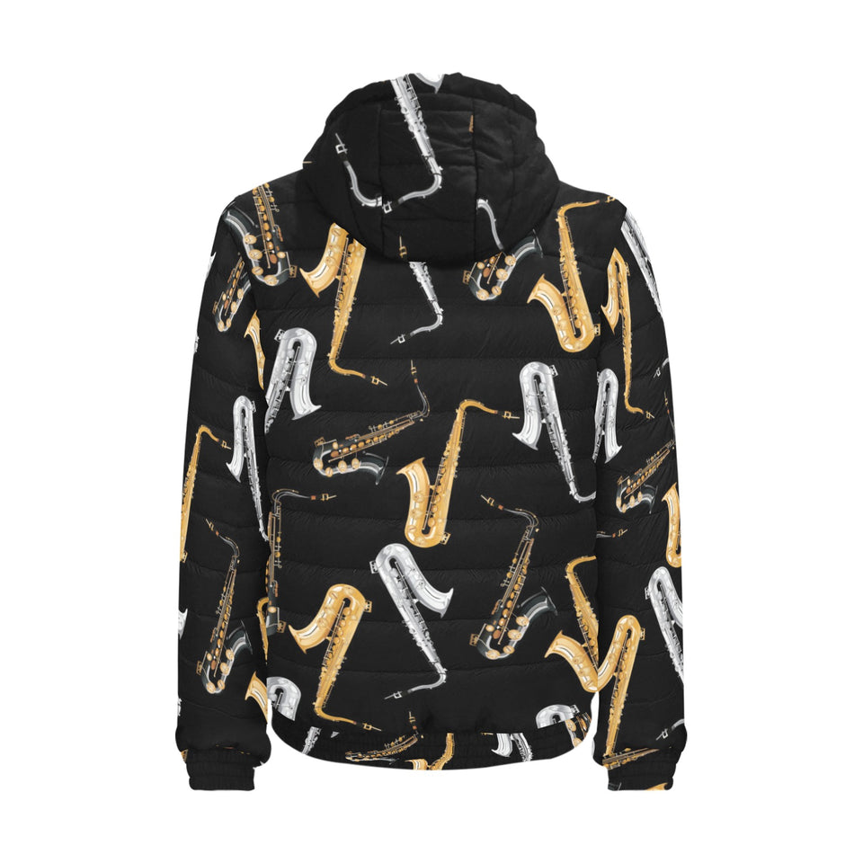 saxophone design pattern Men's Padded Hooded Jacket