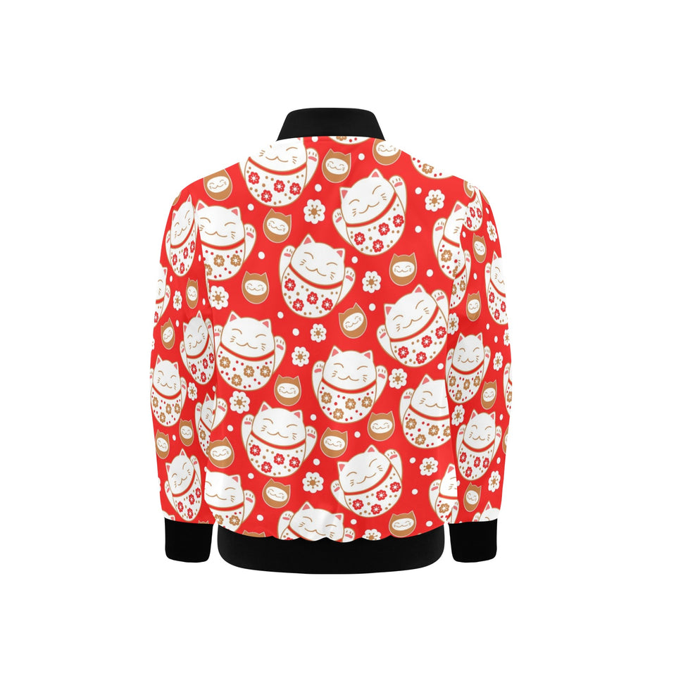 Cute Maneki neko cat red background Kids' Boys' Girls' Bomber Jacket