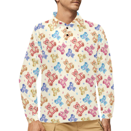 Teddy Bear Pattern Print Design 05 Men's Long Sleeve Polo Shirt