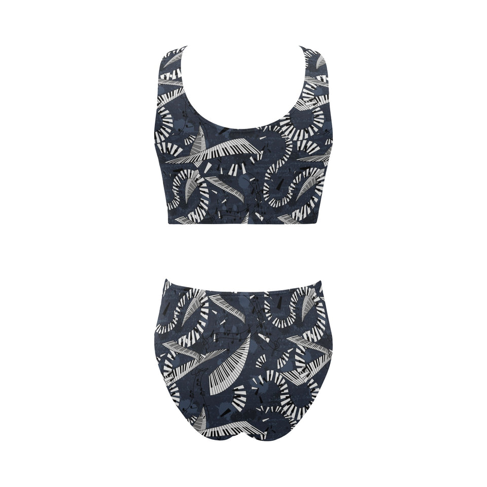 Piano Pattern Print Design 02 Chest Bowknot High Waisted Bikini Swimsuit
