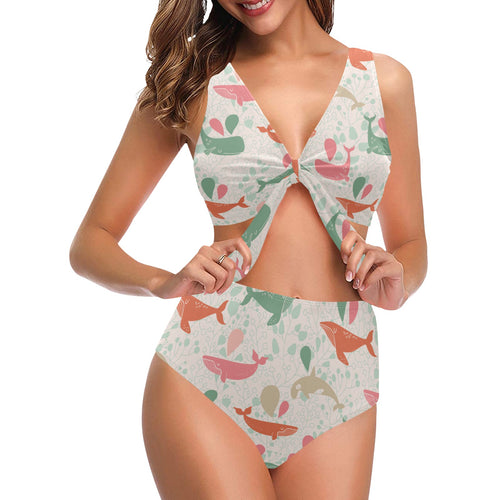 Cute whale pattern Chest Bowknot High Waisted Bikini Swimsuit