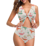 Cute whale pattern Chest Bowknot High Waisted Bikini Swimsuit